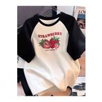CLAYES Çilek Baskılı Süprem Beyaz Siyah Reglan Kol T-Shirt - Oversize Bisiklet Yaka Tişört