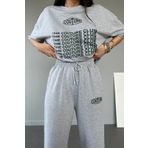 CLAYES Couture Club T-shirt Eşofman Altı Jogger- Gri Baskılı Alt Üst Eşofman Takım Oversize Bisiklet Yaka