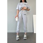 CLAYES FETCH Baskılı T-shirt Eşofman Altı Jogger- Gri Baskı Alt Üst Eşofman Takımı Oversize Bisiklet Yaka