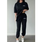 CLAYES Fetch T-shirt Eşofman Altı Jogger- Siyah Baskı Alt Üst Eşofman Takımı Oversize Bisiklet Yaka