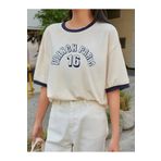 CLAYES French Paris Parçalı Süprem T-Shirt - Bej Oversize Bisiklet Yaka Kısa Kol Tişört