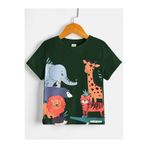 CLAYES Hayvanlar Pamuklu Çocuk T-Shirt- Nefti Yeşil Baskılı Kız Erkek Çocuk Yazlık Bisiklet Yaka Tişört