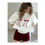CLAYES Kırmızı Kurdela Baskılı Süprem Beyaz T-shirt - Oversize Bisiklet Yaka Kısa Kol Tişört -