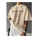 CLAYES MILANO ITALIA Baskılı Süprem Bej T-Shirt - Oversize Bisiklet Yaka Tişört
