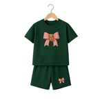 CLAYES Pembe Bear Ayıcık Kurdela Baskılı Çocuk Takım - Nefti Yeşil Şort T-shirt Takım Baskılı Kız Çocuk Y