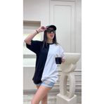 CLAYES Siyah Beyaz Dikey Parçalı Süprem T-Shirt - Oversize Bisiklet Yaka Kısa Kol Tişört