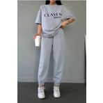 CLAYES Studio Co Baskılı Gri T-shirt Eşofman Altı Takım - Oversize bisiklet yaka