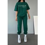 CLAYES Studio Co Baskılı Nefti Yeşil T-shirt Eşofman Altı Takım - Oversize bisiklet yaka