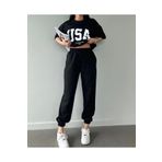 CLAYES Usa T-shirt Eşofman Altı Jogger- Siyah Baskılı Alt Üst Eşofman Takım Oversize Bisiklet Yaka