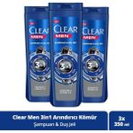 Clear Men 3 in 1 Arındırıcı Kömür 3x350 ml Saç Yüz Vücut İçin Şampuan & Duş Jeli