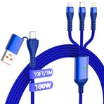 clickfish 100W Çoklu Şarj Kablosu, USB C - Çoklu Şarj Kablosu Naylon Örgülü 3'ü 1 Arada Şarj Kablosu Yıldırım/Tip C/Micro-USB, USB A'dan C'ye PD Bağlantı Noktasına Dizüstü Bilgisayar Telefonu Tablet için Hızlı