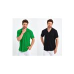 CLIPMAN Erkek Slim Fit 2'li Kendinden Desenli Keten Apaş Yaka Kısa Kollu Gömlek Yeşil Siyah