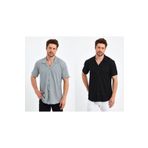 CLIPMAN Erkek Slim Fit 2'li Kendinden Desenli Keten Apaş Yaka Kısa Kollu Gömlek