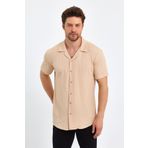 CLIPMAN Erkek Slim Fit Desenli Keten Apaş Yaka Kısa Kollu Gömlek Bej
