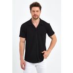 CLIPMAN Erkek Slim Fit Desenli Keten Apaş Yaka Kısa Kollu Gömlek Siyah 34