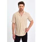 CLIPMAN Erkek Slim Fit Kendinden Desenli Keten Apaş Yaka Kısa Kollu Gömlek Bej34