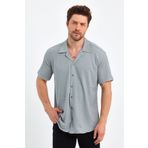 CLIPMAN Erkek Slim Fit Kendinden Desenli Keten Apaş Yaka Kısa Kollu Gömlek Gri