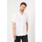CLIPMAN Erkek Slim Fit Keten Apaş Yaka Kısa Kollu Gömlek Beyaz