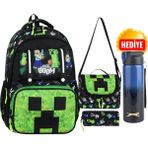 CLK Sports Minecraft Okul Sırt Çantası , Beslenme Çantası Kalemlik Seti - Lisanslı Çelik Suluk & Matara Hediye - Yeşil