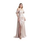 Cloe | Saten Straplez Düşük Kol Maxi Abiye Elbise (Bej, S)