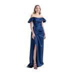 Cloe | Saten Straplez Düşük Kol Maxi Abiye Elbise (Gece Mavisi, XL)