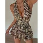 Closet Özel Şık Tasarım Leopar Desenli Fırfırlı Mini Club Elbisesi