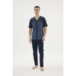 Cm Store Kocabey KKT-26154 Erkek V Yaka Boydan Düğmeli Pijama Takımı - Lacivert - 2XL