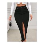 Cms Jeans Kadın Yüksek Bel Yırtmaçlı Midi Boy Siyah Likralı Kot Etek Siyah XL