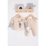 Cndr Gift For You Desenli 2'li % 100 Pamuk Erkek Bebek Takımı - Krem - 9 - 12 Ay