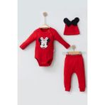 Cndr Mickey Desenli Şapkalı 3'lü Erkek Bebek Takımı - Kırmızı - 6 - 9 Ay