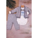 Cndr Papyonlu Bear Çizgili Model Ceketli 3'lü Erkek Bebek Takımı - Gri - 6 - 9 Ay