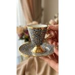 Çnr Home Collection Leopar Desenli Ayaklı Porselen Kahve Fincanı Takımı 6 Kişilik- Altın Yaldızlı Fincan Seti - Gri