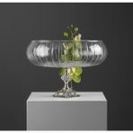 Çnr Home Collection Lotus Kristal 24'cm Kesme Dekor Metal Ayaklı Salata Kasesi Cam Sunumluk -Servis Tabağı - Gümüş