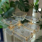 Çnr Home Collection Vintage 5 Parça Gümüş-Gold Kristal Sunum Seti - Kase, Ayaklı Tabak ve Kulplu Tepsi Gümüş