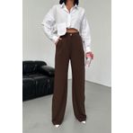 CNRCollection Kadın Kahverengi Yüksek Bel Pileli Düğmeli Likralı Esnek Kumaş Oversize Rahat Kalıp Palazzo Pantolon