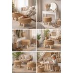 CNRWOOD 3'lü Doğal Hasır Puf – El Yapımı-Dekoratif Masif Ahşap Oturma Tabure – Salon & Balkon Uyumlu - Ahşap - Bej