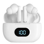 Coby Gerçek Kablosuz Kulaklıklar ve Pil Okuma Şarj Kılıfı | Mini Bluetooth Kulaklıklar, Dahili Mikrofon, Hafif | Tere Dayanıklı Jel Uçları | 10 HR'ye kadar Toplam Çalma Süresi (Beyaz)