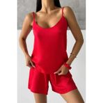 Coccolarsi Düz Kırmızı Askılı ve Şortlu Floş Saten Pijama Takımı - XL