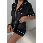 COCCOLARSI Silenzio Della Notte Siyah Saten Kısa Lastik Bel Pijama Takımı