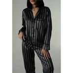 COCCOLARSI Strisce Grigie Nere Saten Uzun Pijama Takımı
