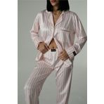 COCCOLARSI Strisce Rosa Chiaro Bianco Saten Uzun Pijama Takımı (Geniş Beden Aralığı)