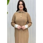 Cockatoo Düğmeli Gömlek Yaka Çoban Dikişli Çizgi Detaylı Fitilli Triko Tesettür Elbise - Bisküvi - Standart