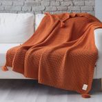 Coco Pirinç Örgü Ponponlu Triko Throw Tv Battaniyesi - 130 x 170 cm - Turuncu