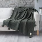 Coco Pirinç Örgü Ponponlu Triko Tv Battaniyesi Throw Koltuk Şalı - 130 x 170 cm - Haki