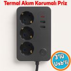 Çocuk Akım Korumalı Topraklı Golyat Grup Şarj Fiş Priz 3 Prizli 3 USB Girişli 2 Metre Uzatma Kablosu - Siyah - 1
