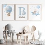 Çocuk Kalbi Atölyesi Balonlu Mavi Ayıcık Bebek ve Çocuk Odası 3'lü Tablo Isim Seti, Çocuk Odası Tablosu - 30 x 40 - Ahşap