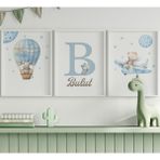 Çocuk Kalbi Atölyesi Balonlu Mavi Ayıcık Bebek ve Çocuk Odası 3'lü Tablo Isim Seti, Çocuk Odası Tablosu - 30 x 40 - Beyaz