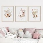 Çocuk Kalbi Atölyesi Floral Çiçekli Kız Bebek ve Çocuk Odası 3'lü Isim Tablo Seti, Çocuk Odası Tablosu - 21 x 30 - Bej