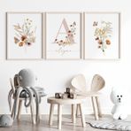 Çocuk Kalbi Atölyesi Floral Çiçekli Kız Bebek ve Çocuk Odası 3'lü Isim Tablo Seti, Çocuk Odası Tablosu - 30 x 40 - Bej