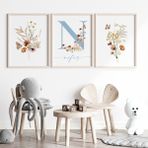 Çocuk Kalbi Atölyesi Floral Çiçekli Kız Bebek ve Çocuk Odası 3'lü Isim Tablo Seti, Çocuk Odası Tablosu - 30 x 40 - Mavi